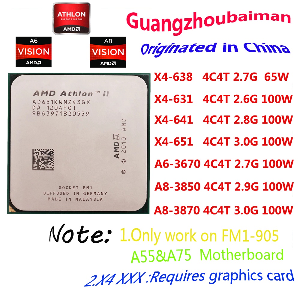 AMD Quad core processor Athlon II X4 631 638 641 651K AND A6 3650 3670 ...