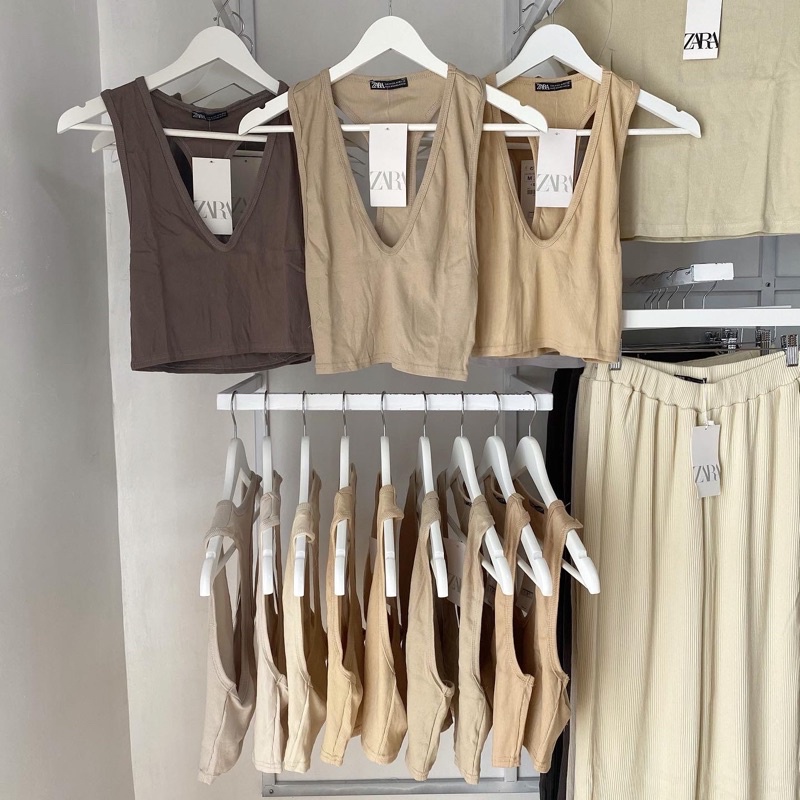 Zara V neck racerback ribbed crop top - NUDE COLORS | Shopee Philippines