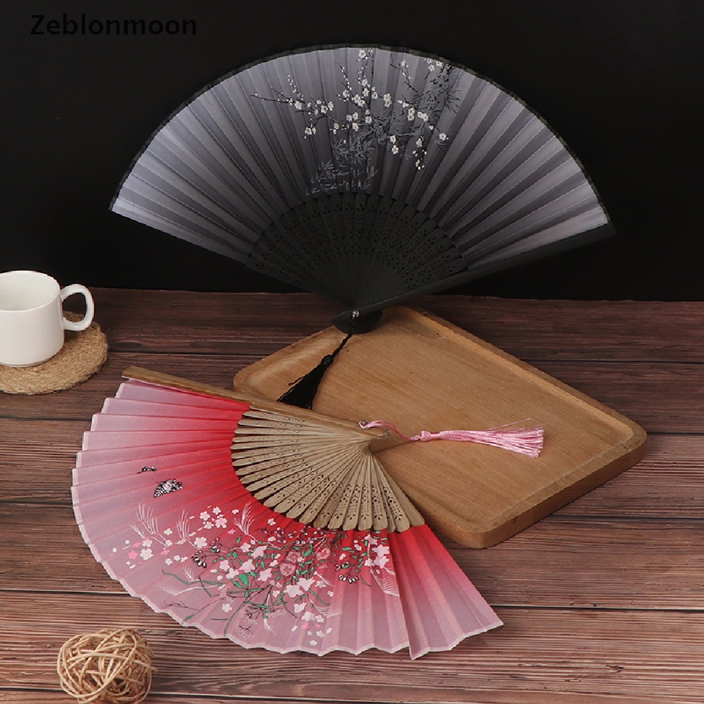 [moon] Chinese Silk Cloth Folding Fan Bamboo Antiquity Folding Fan