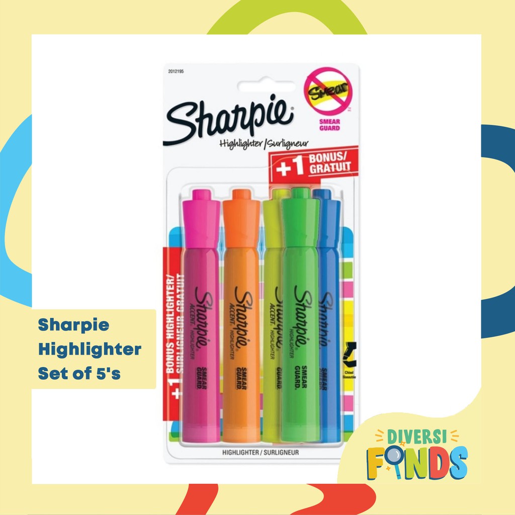 Sharpie Tank Style Highlighter Smear Guard Set of 5's in Blister Pack