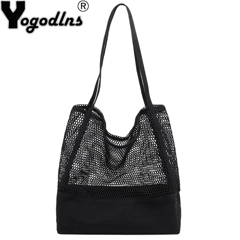 Yogodlns Women's Mesh Hollow Out Sandy Beach Shoulder Bag Large Capacity TopHandle Tote Bags