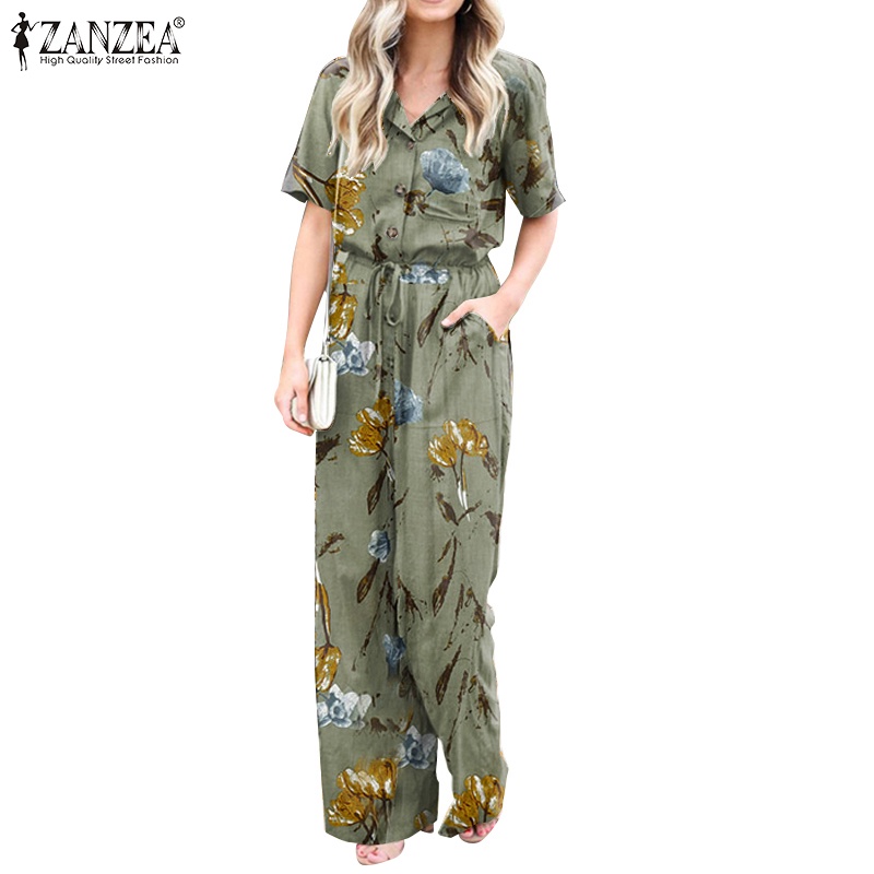 ZANZEA Women Casual Loose Floral Short Sleeve Wide Leg Jumpsuit Shopee Philippines