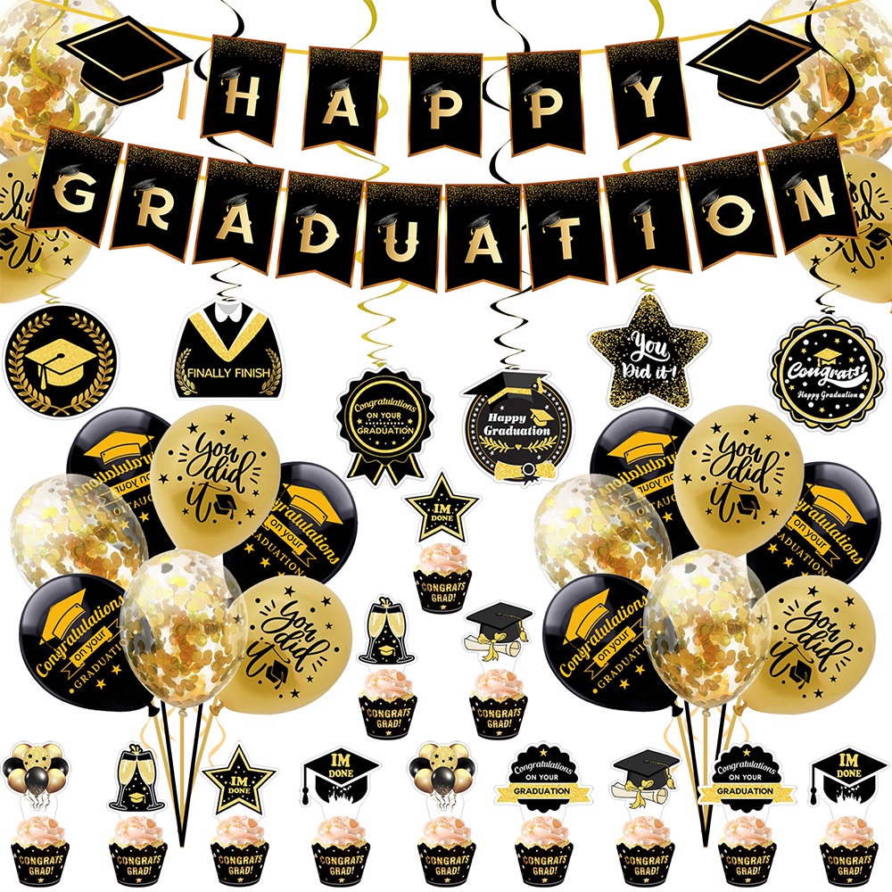 Congratulations Graduation Theme Party Decorations Black Gold Balloons ...