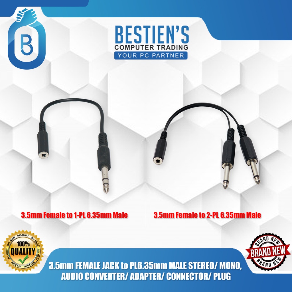 ☋3.5Mm Female Jack To Pl6.35Mm Male Stereo/ Mono, Audio Converter ...
