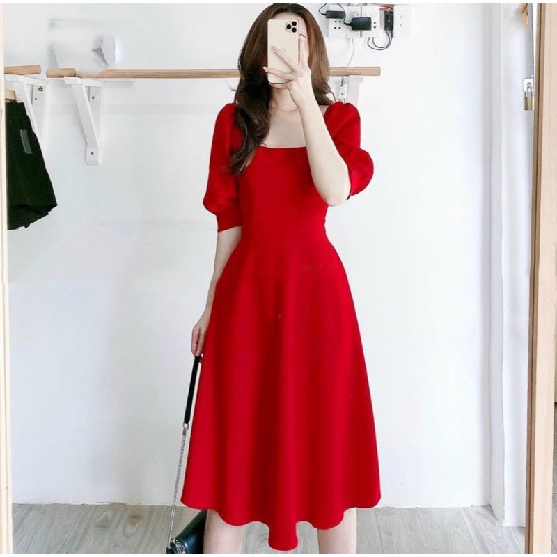 Red dress with square neck and short sleeves with real pictures Shopee Philippines