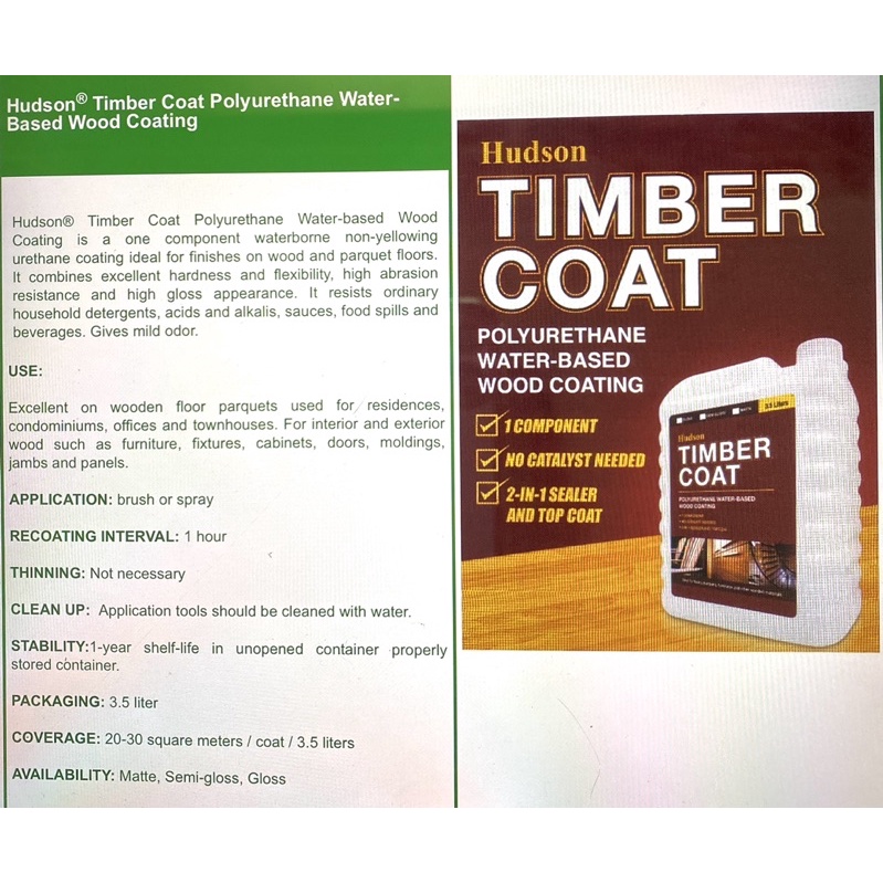 Hudson Timbercoat Polyurethane Water-Based Wood Coating 3.5 Lts ...