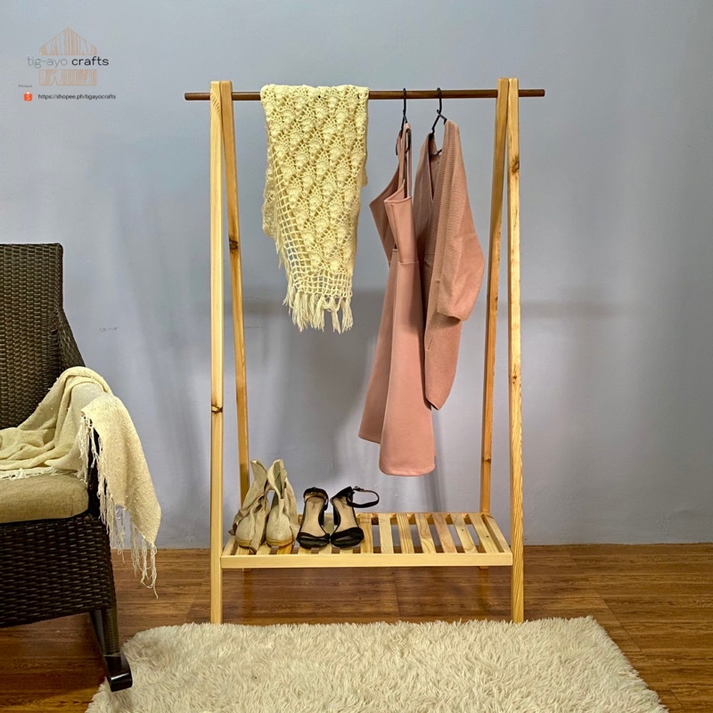 Aesthetic Wooden Clothing Rack with Shelf (Disassembled), Pinewood ...