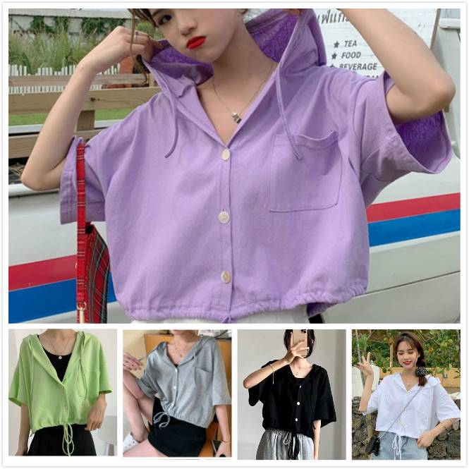 Purple Crop Top Hoodie Shirt Women Tide Thin Summer New Fashion Blouse Tops Drawstring Short Sleeve Tees Shopee Philippines