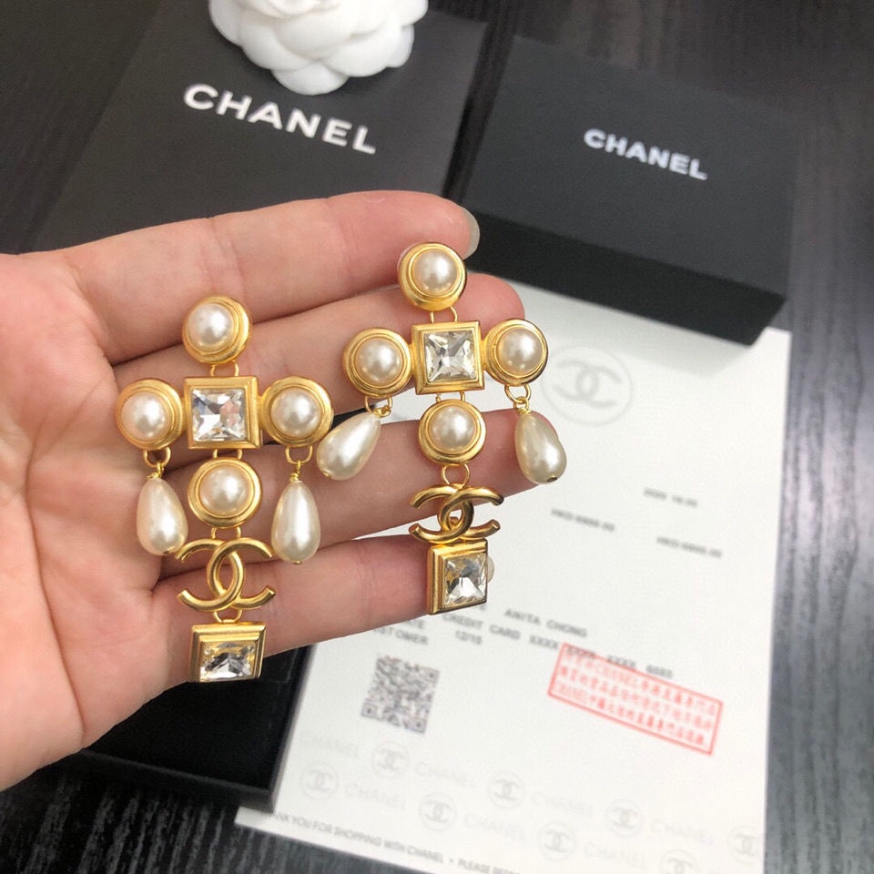 CHANEL Double C Flower Pearl Stud Earrings Small Incense Chandelier  Rhinestone Square Diamond Earrin