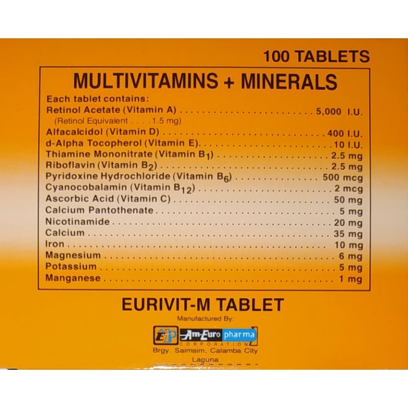 Multivitamins + Minerals EurivitM 100 Tablets Exp Date Apr 2024 Shopee Philippines