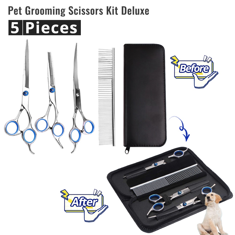 Pet Grooming Scissors Kit Stainless Steel 5 Pcs Curved Dog Cat Grooming