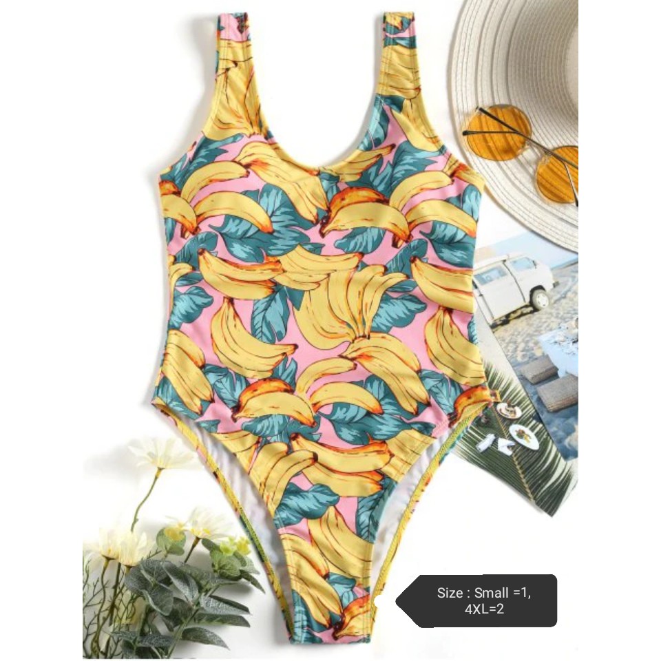 Low Back Banana Print Swimwear Yellow Pink Zaful