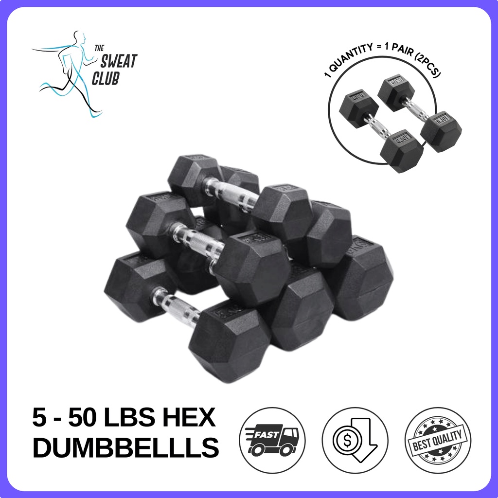 5/10/15/20/25/30/35/40/45/50 LBS Rubberized Hex Dumbbells Metal Handle ...