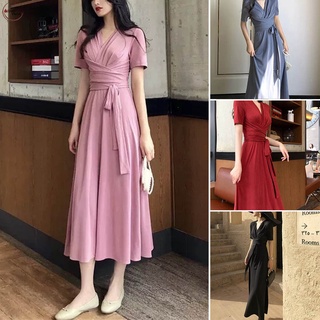 Women Casual Solid One Piece Dress V Neck Short Sleeve Ankle Long Dress ...