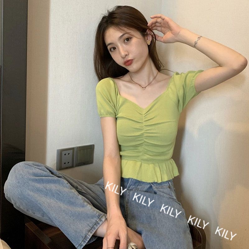 Kily.PH Semi-Crop Top Knitted Tops Vneck Shirt Basic Top Cinched Cut ...