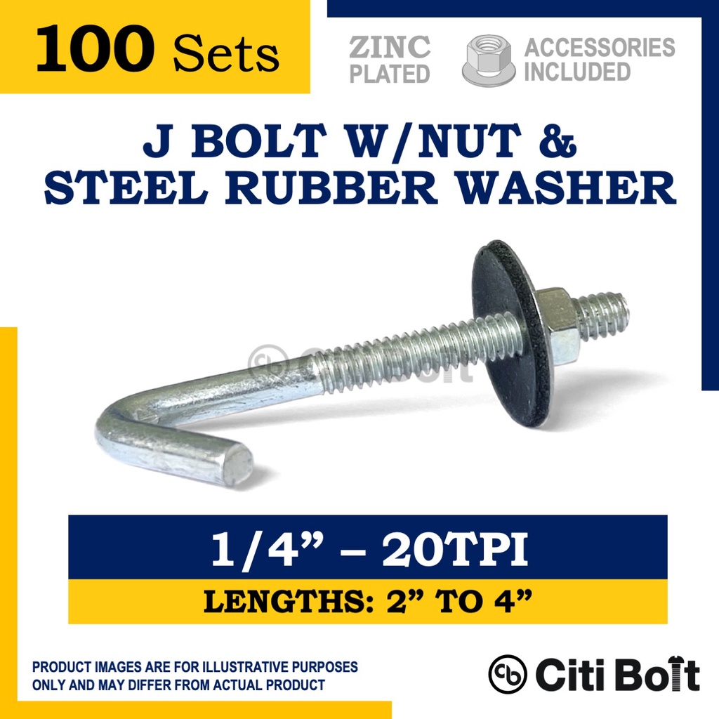 100set J Bolt Set / Hook Bolt / Roofing Screw, Galvanized Iron GI, 1/4