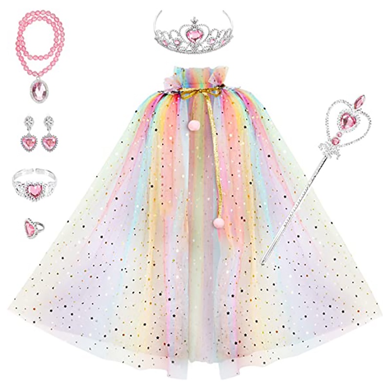 Girls Cape with Tiara Crown Wand Jewelry Set Princess Cloak for Little ...