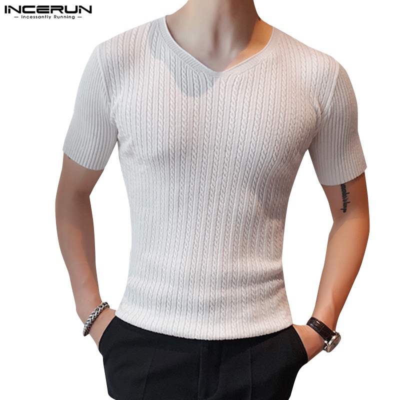 Incerun Men S 3 Colors Casual V Neck Short Sleeve Solid Color Knit T