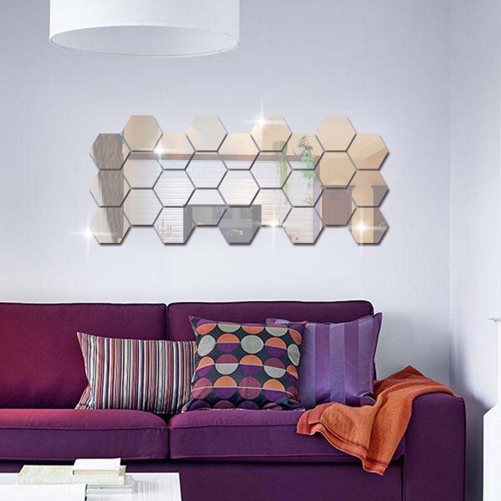 Elen 12pcs Mirror Hexagon Removable Acrylic Wall Stickers Art Diy Home