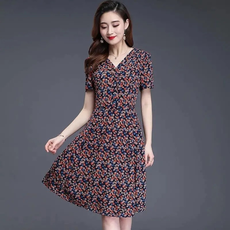 2024 new Floral Mid-length Dress Short Sleeve V-neck A-line formal ...