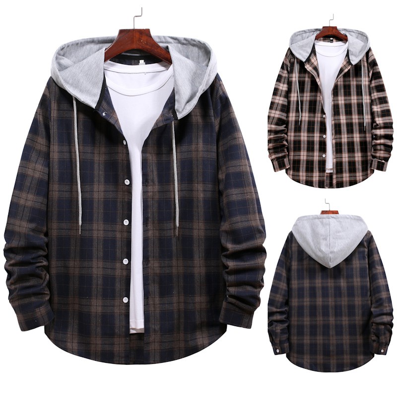 Men Casual Hoodie Shirt Long Sleeve Shirt Hooded checkered