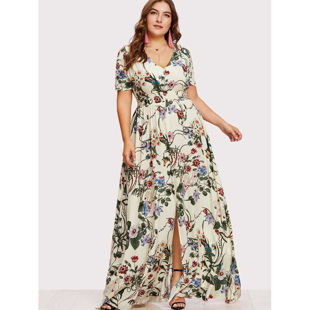 S179 PLUS CHIC Front Slit Floral Plus Size Dress | Shopee Philippines