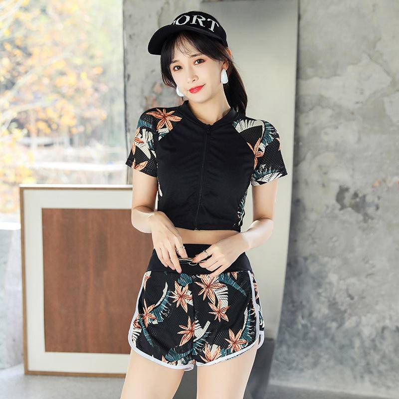 New Casual Printed Short Sleeve Patchwork Two Pieces Swimwear Soft Cup  Zipper O-neck Crop Sport Women Swimsuit