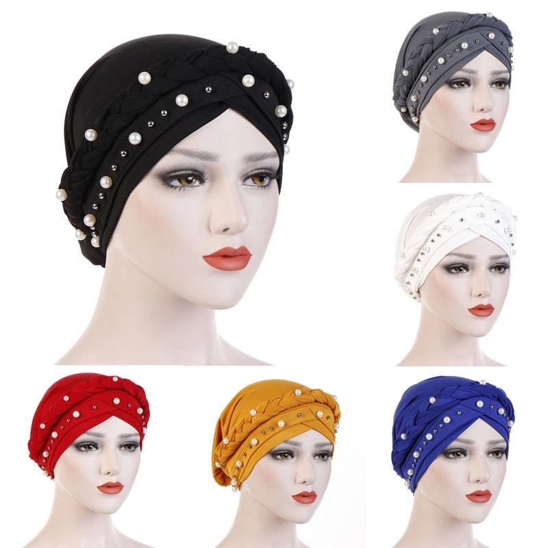 White Pearls Women Head Scarf Twist Inner Hijabs Cap Solid Cotton ...