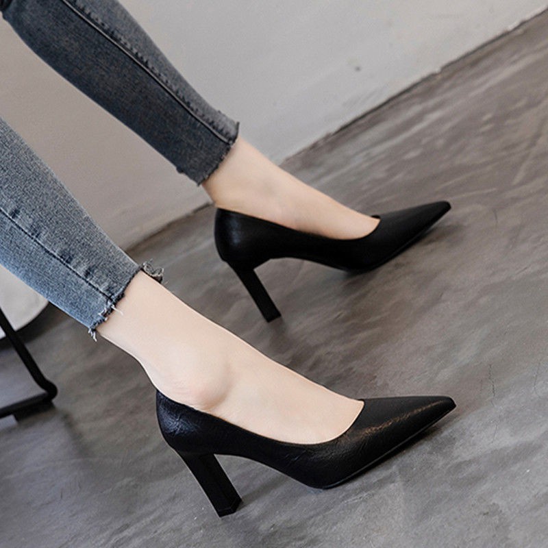 High heels pointed toe thick heel single shoes women soft leather comfortable mid heel professional formal wear working s