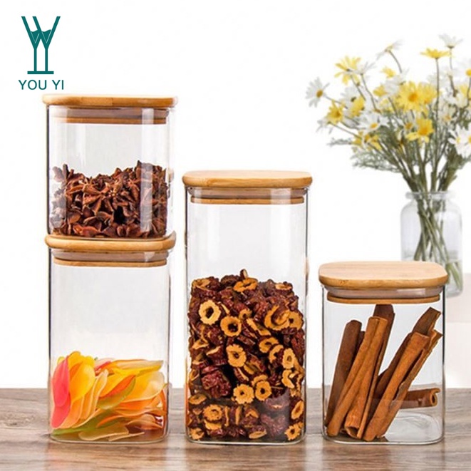 You Yi Square Canister Glass Kitchen Canister with Airtight Bamboo Lid Glass Storage Jar