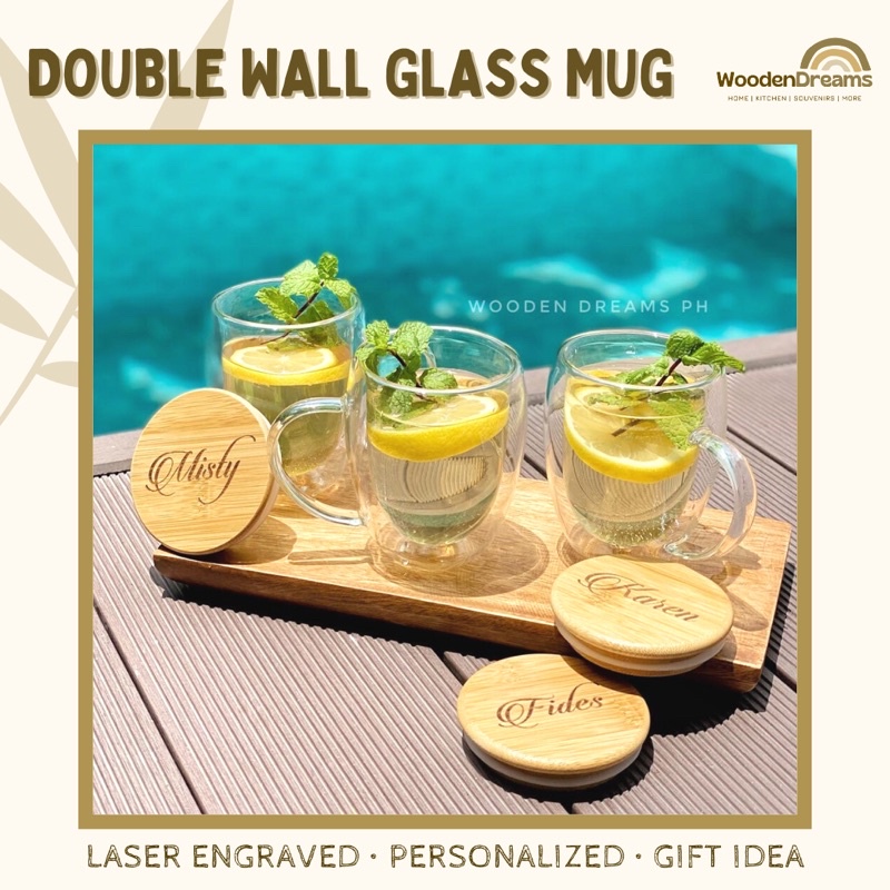 Personalized Double Wall Glass Mug 350 ml Souvenir Giveaway Bamboo Lid