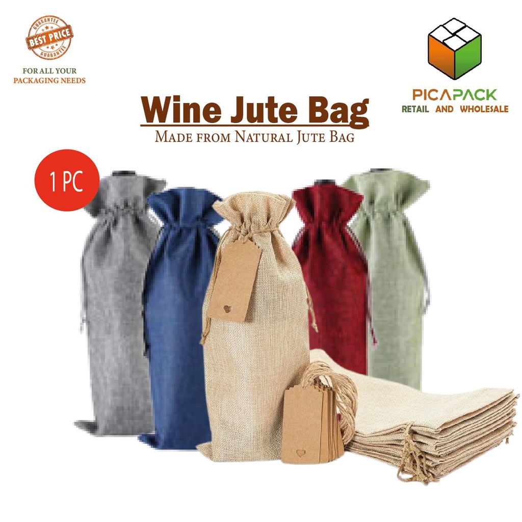 [1pc] Burlap Jute Wine Packaging bag with String/tag for tumbler, water
