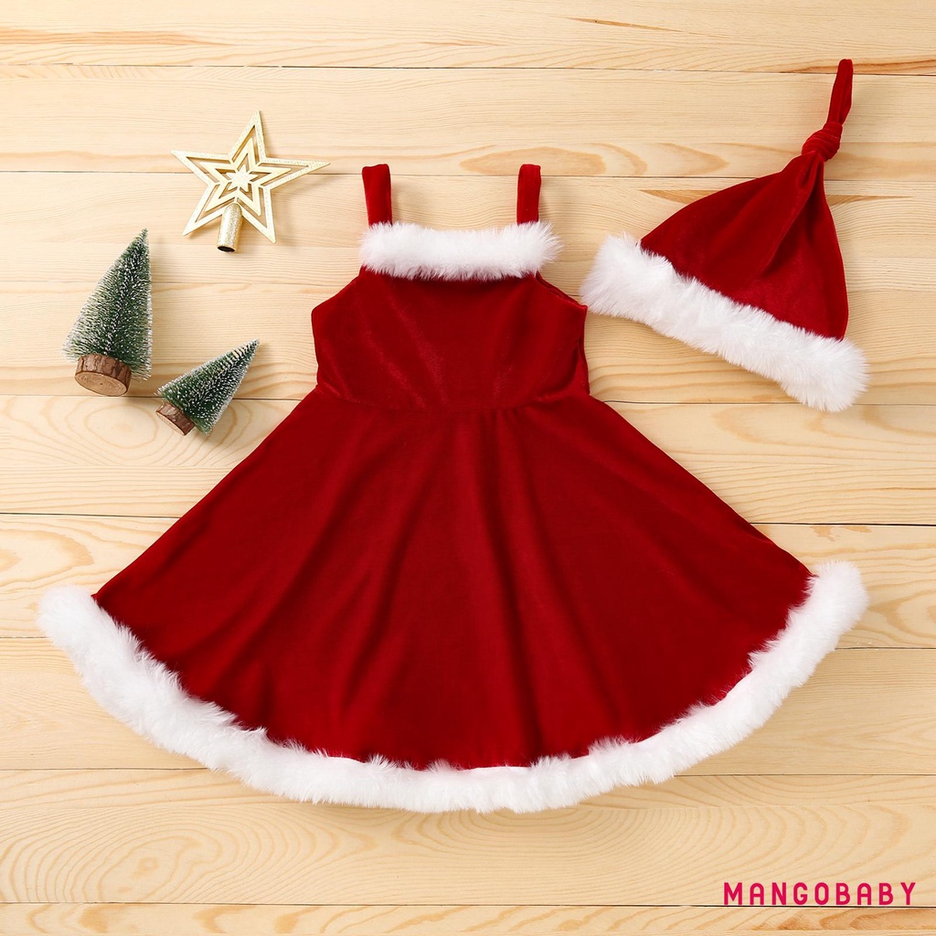 MG-2Pcs Kids Christmas Outfit, Fluffy Stitching Spaghetti Strap Sleeveless  Slip Dress + Knotted Hat for Girls, 18 Months to 6 Years | Shopee  Philippines