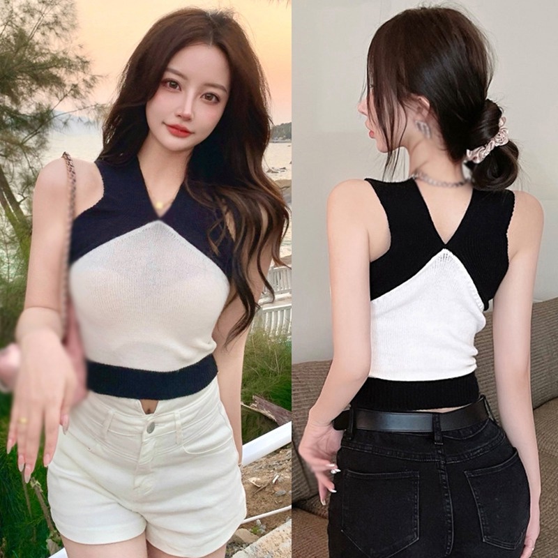 Women's V-Neck Knit Vest Korean Style Contrast Color Sweet Versatile