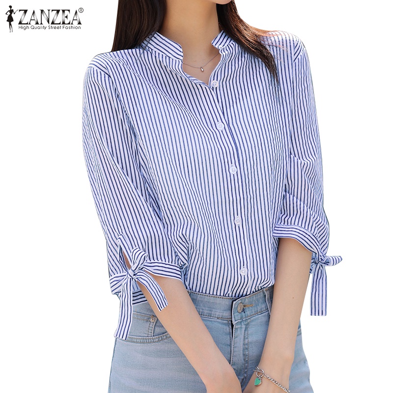 ZANZEA Women Korean Fashion Lace Up Stripes Stand Collar 3/4 Sleeves ...