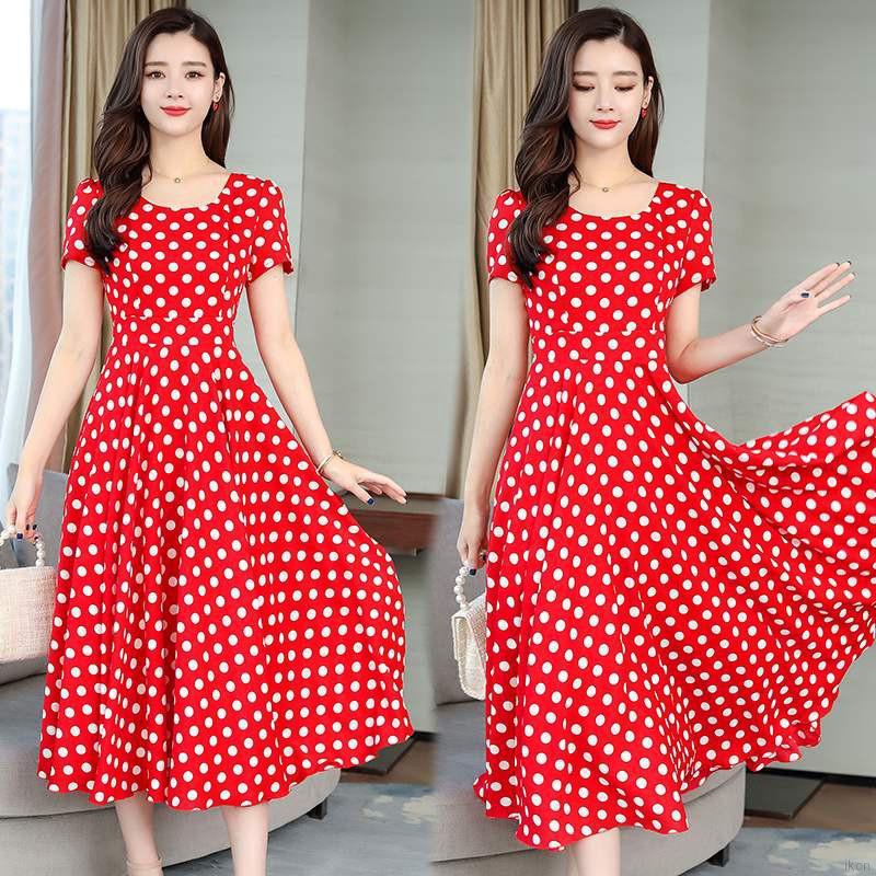 Long red polka dot dress deals