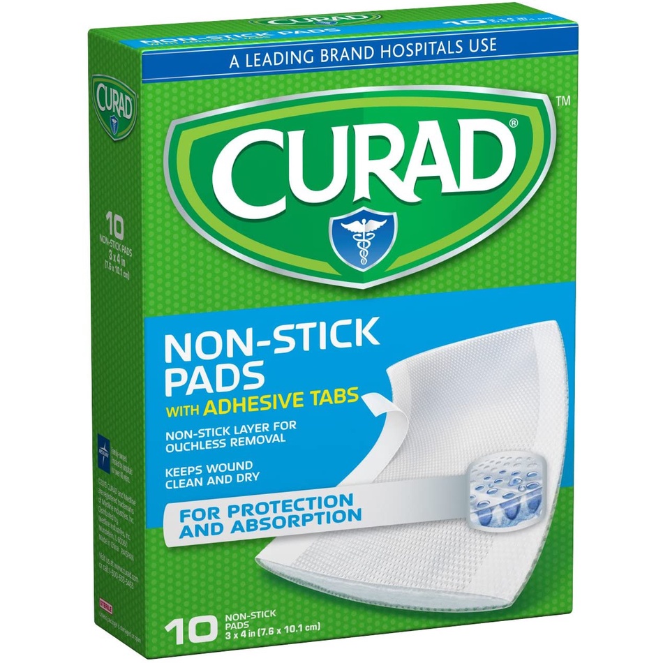 Curad Sterile NonStick Pads with Adhesive Tabs 3" x 4", 10 Count (Pack