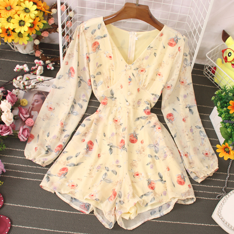 new women jumpsuits fashion spring summer long sleeve high waist floral  printed shorts playsuits