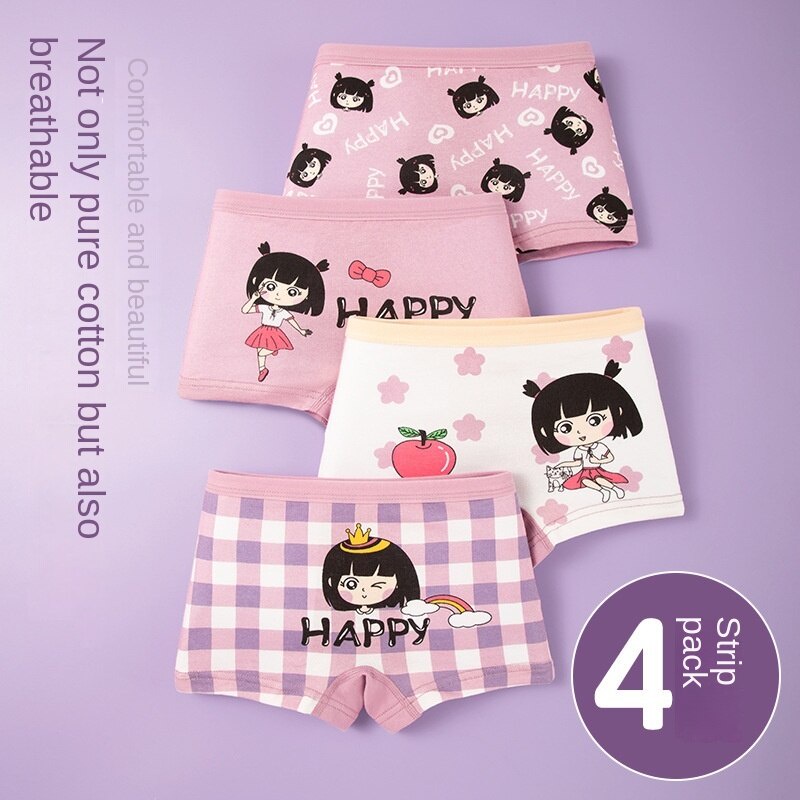 4 Pieces Pure Cotton Children's Underwear Girls Boxer Briefs Student Shorts  Baby Women