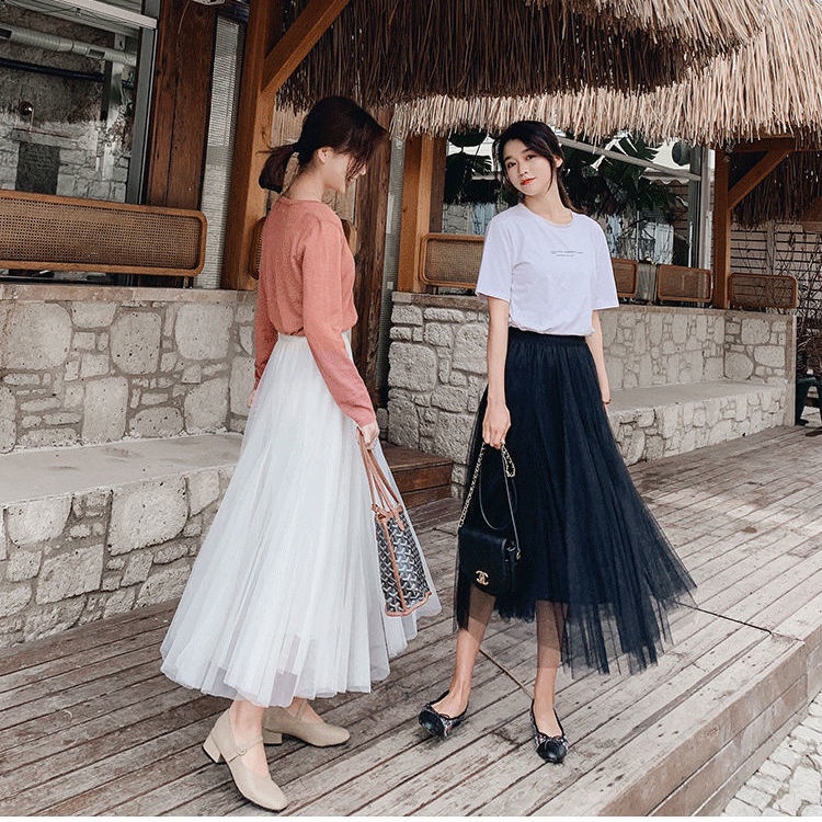 Mesh Skirt Elastic Waist Half Length Chiffon Women High Slimmer Look Mid Length a Line Casual Va Shopee Philippines