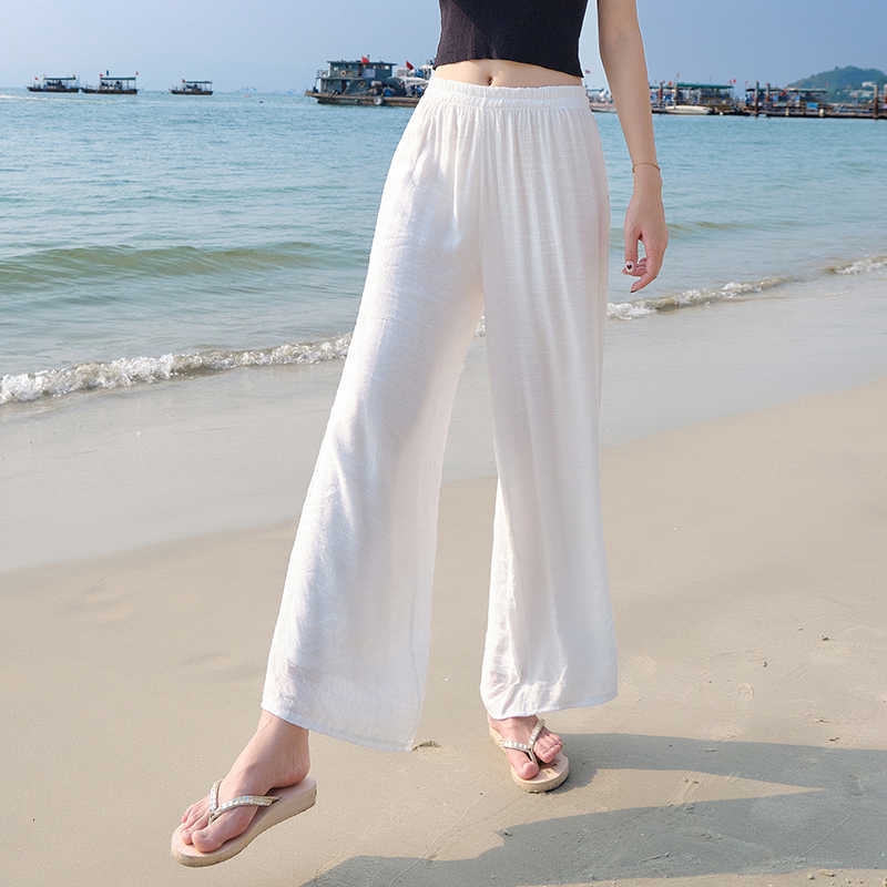 Cotton Linen Summer White Wide-Leg Pants Travel Vacation Beach Women Ethnic  Style Loose Trousers Meditation Clothes Yoga