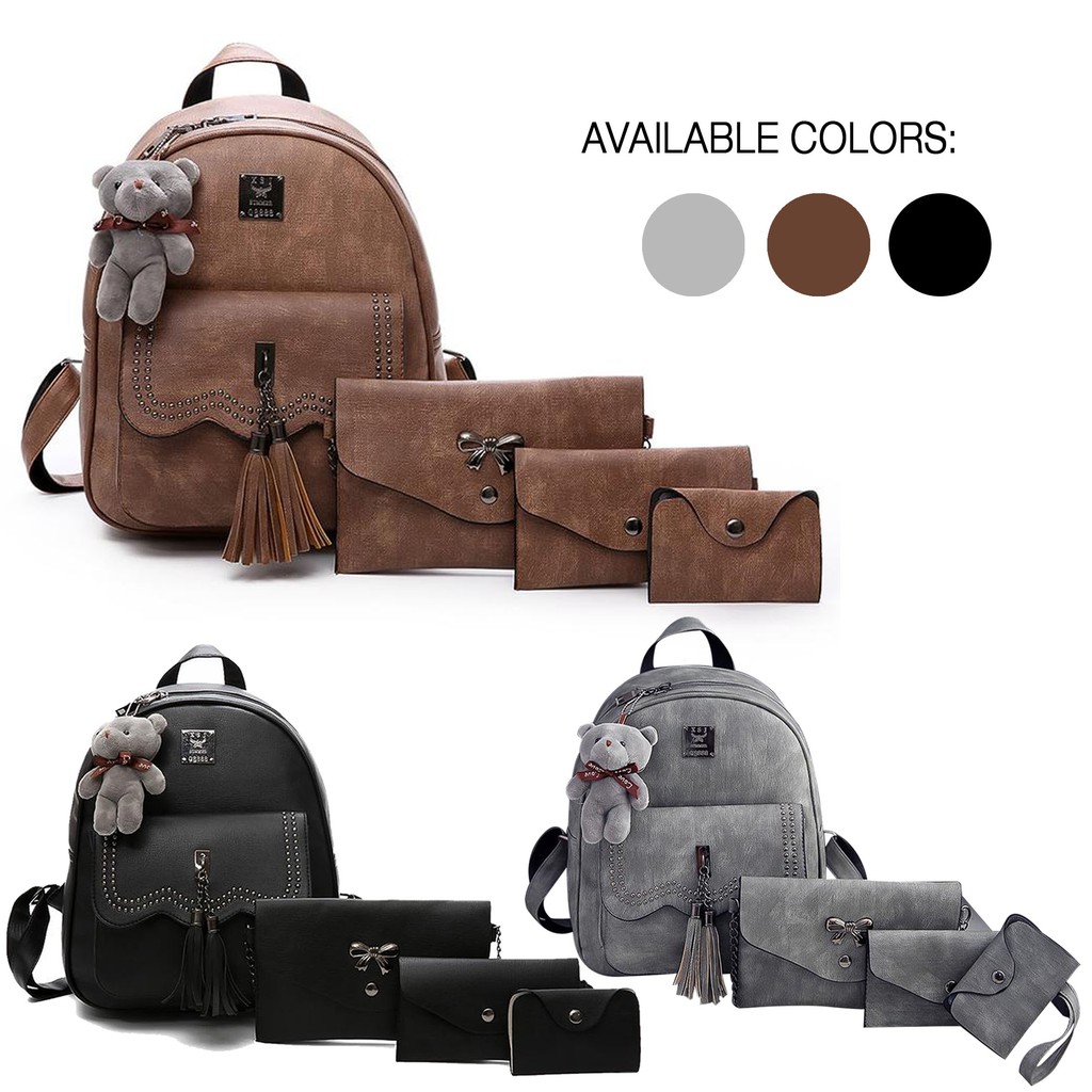 4 in 1 Korean Leather Backpack with Bear Sling Bag w/ Bear Shopee