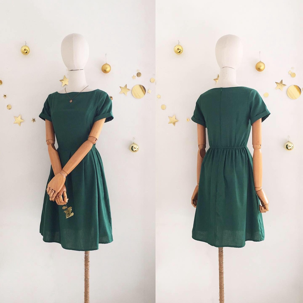 1598/7 Linen Sabrina Neck Short Dress in Bottle Green | Shopee Philippines