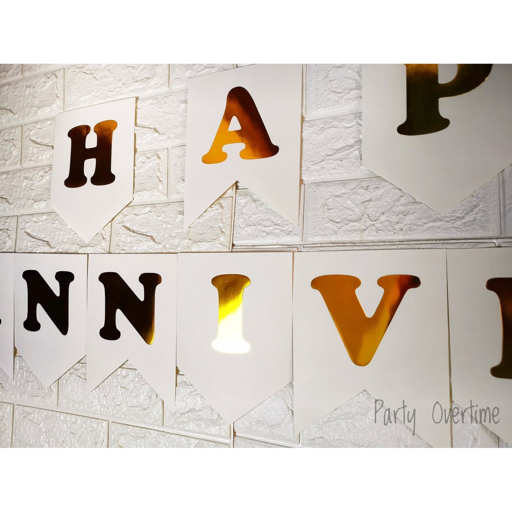 Happy Anniversary Banner Banderitas Flag Bunting White with Gold ...