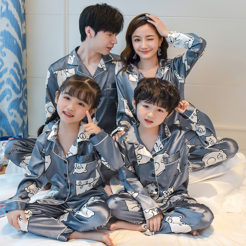 insBig White Family Sleepwear Kids Silk Pajamas Set Thin Long