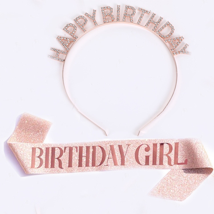 Birthday Girl Glitter Satin Sash Rhinestone Hairband Happy Birthday ...