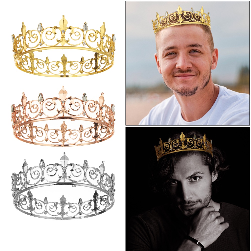 ∋ Baroque Vintage Royal Full Round King Crown Gold Metal Crowns And Tiaras For Men Prom King