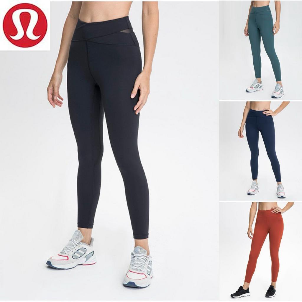 2021 New Lululemon Cross-waist Stitching Mesh Yoga Pants High Waist Hips  Slim Sports Nine-point Leggings