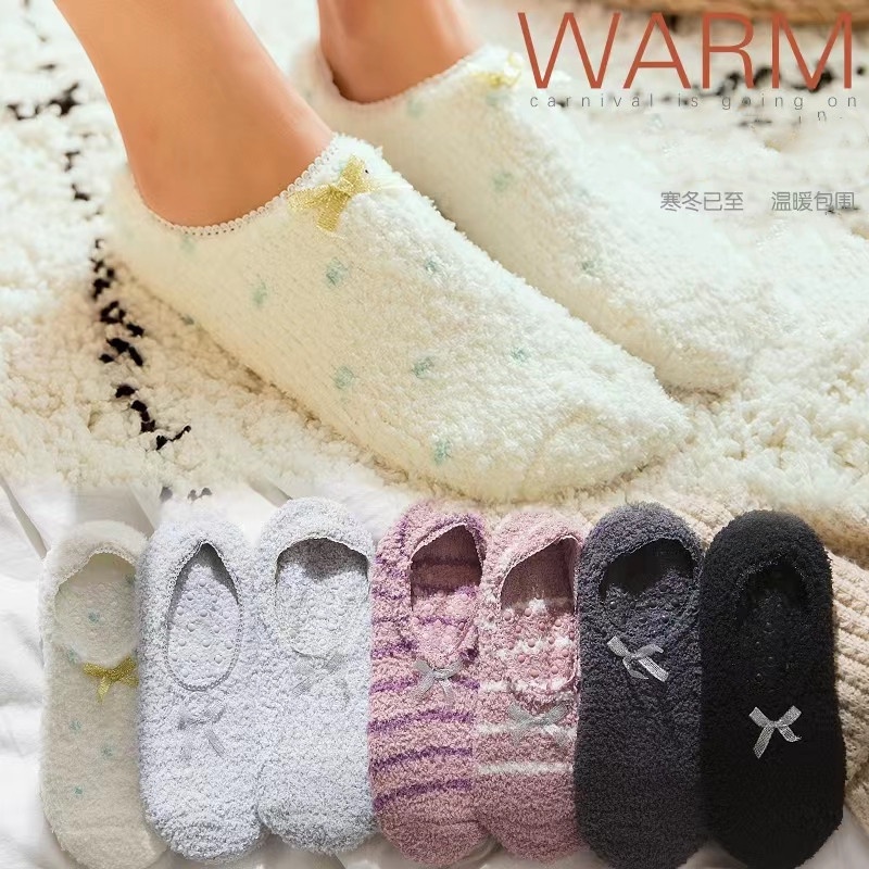 Women Cute Bow Warm AntiSlip Socks for Girls Cozy Fluffy House Slipper