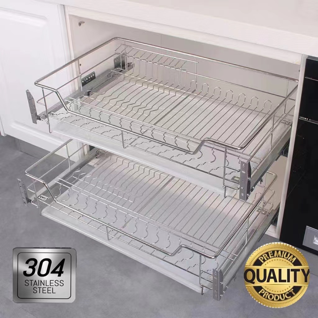 2Pcs Pull out Basket Tray Organizer 304 Thicken for Kitchen 2 Layers Complete Set Pull